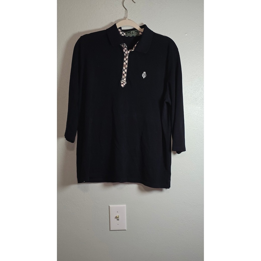 Lauren Ralph Lauren Active Black Plaid Placket Snap Polo Shirt Crest Logo Top
